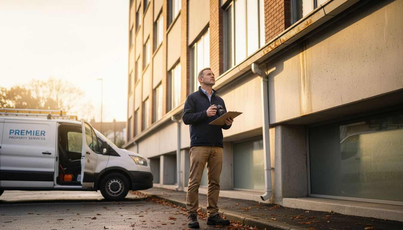 Property manager inspecting urban building gutters