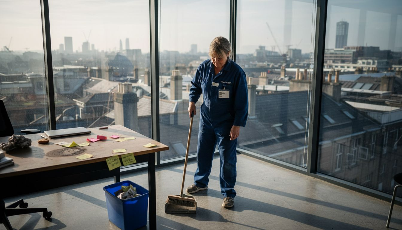 Cleaning professional working in busy city office