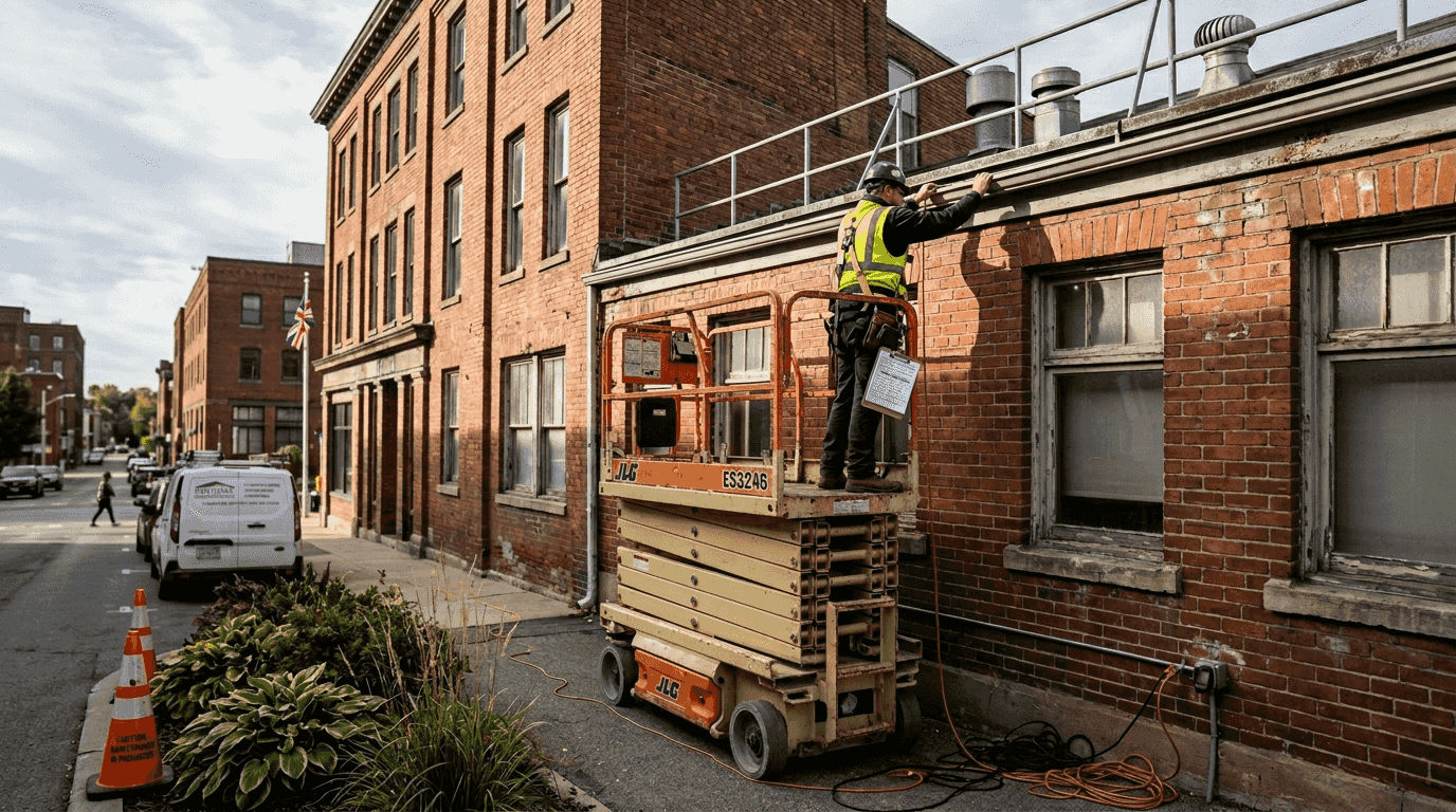 Maintenance worker inspecting gutters on scissor lift