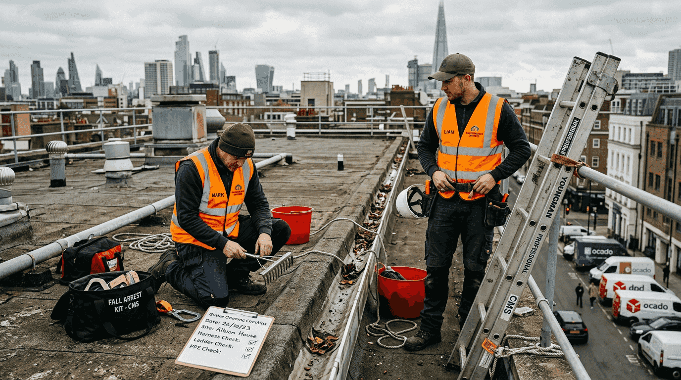 Maintenance workers prepping safe gutter cleaning